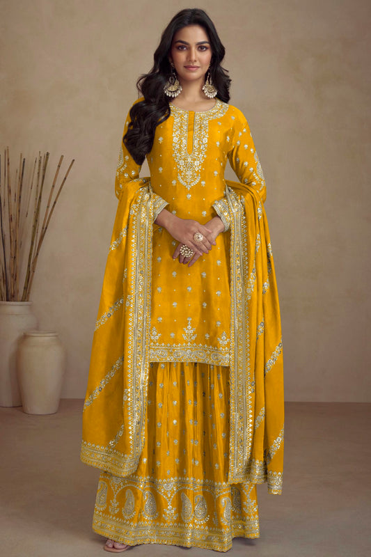 Yellow Colour Chinon Palazzo Pant Suit