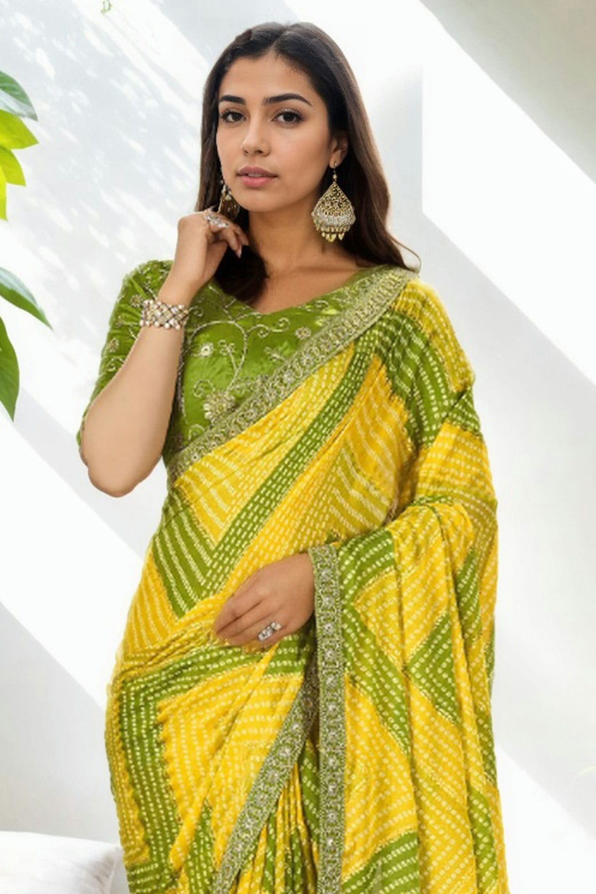 Yellow Colour Chinon Printed Saree