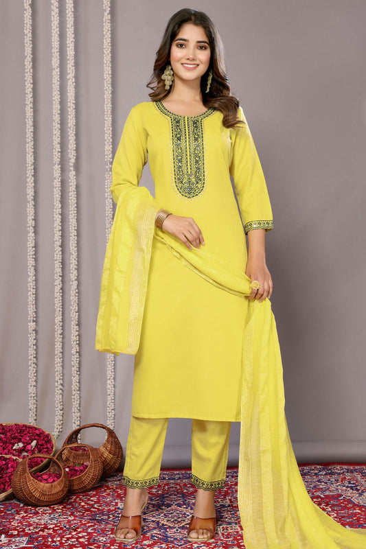 Yellow Colour Cotton Blend Stitched Suit