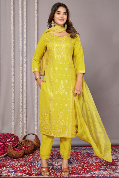 Yellow Colour Cotton Blend Stitched Suit