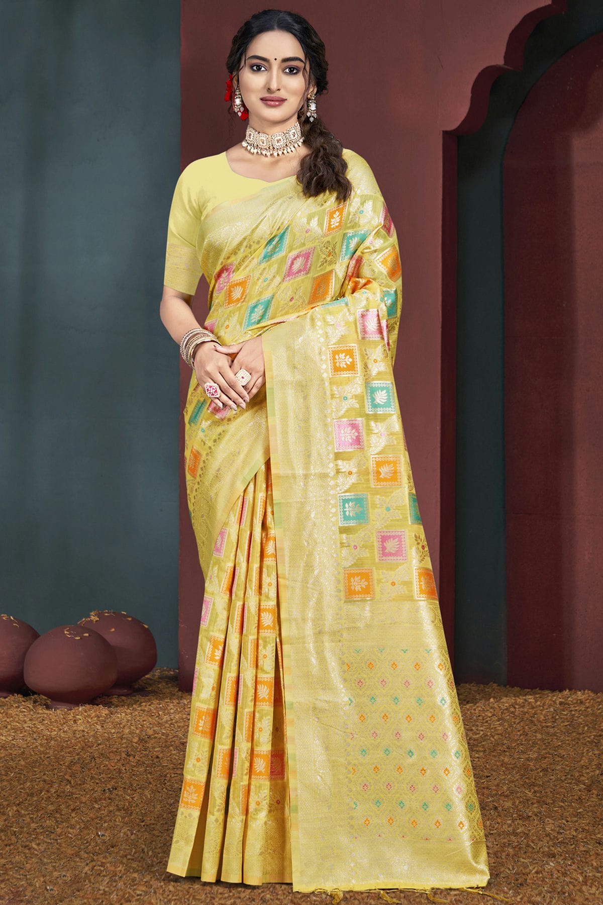 Yellow Colour Cotton Traditional Saree