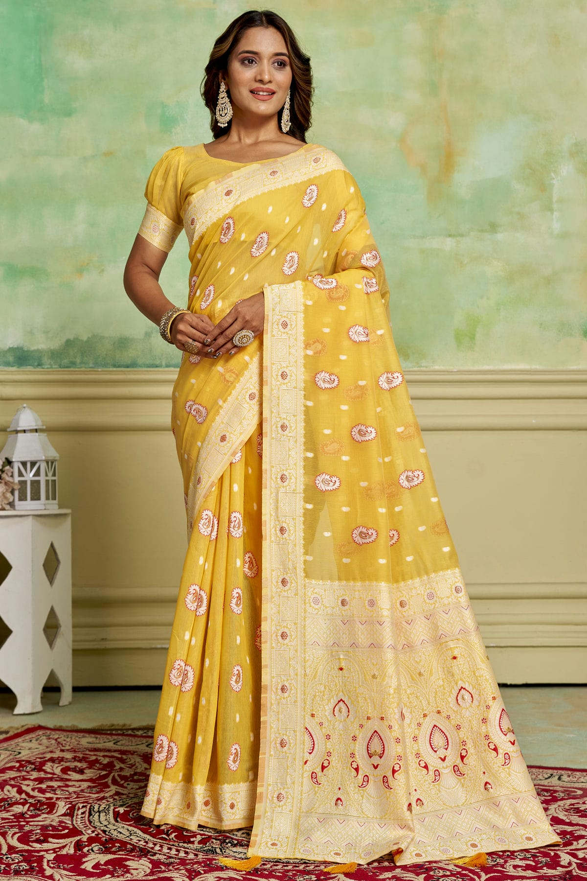 Yellow Colour Cotton Traditional Saree