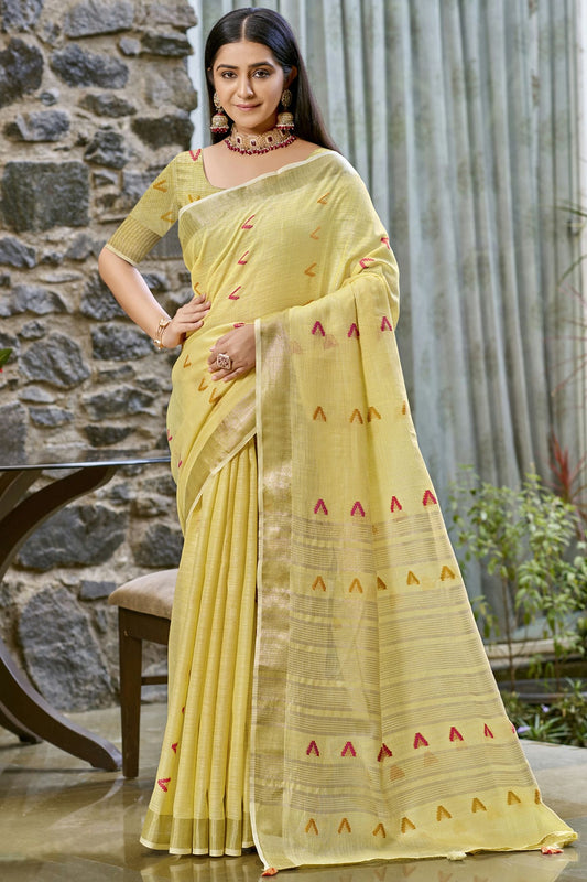 Yellow Colour Cotton Woven Work Traditional Saree