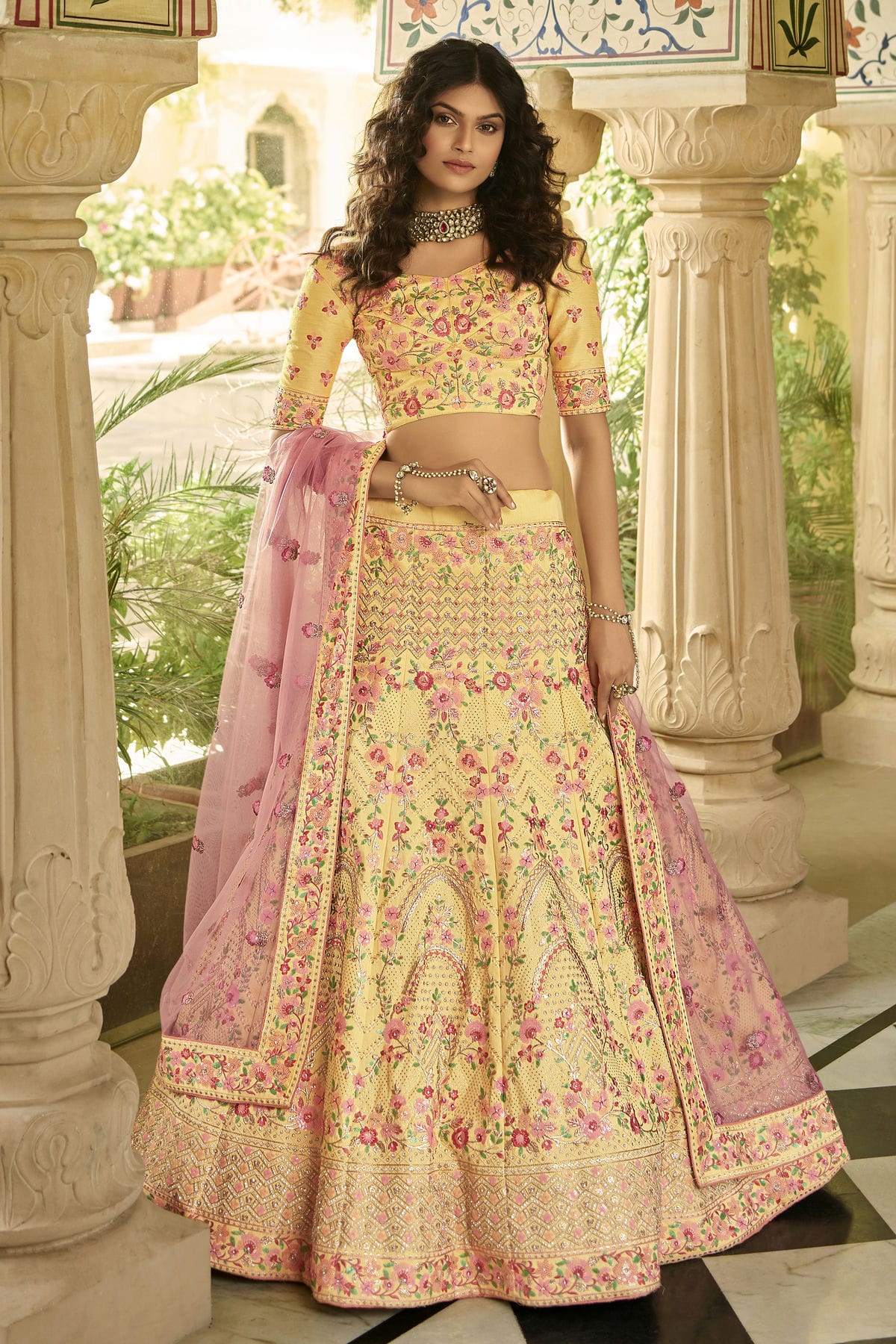 Yellow Colour Embroidery Art Silk Lehenga Choli