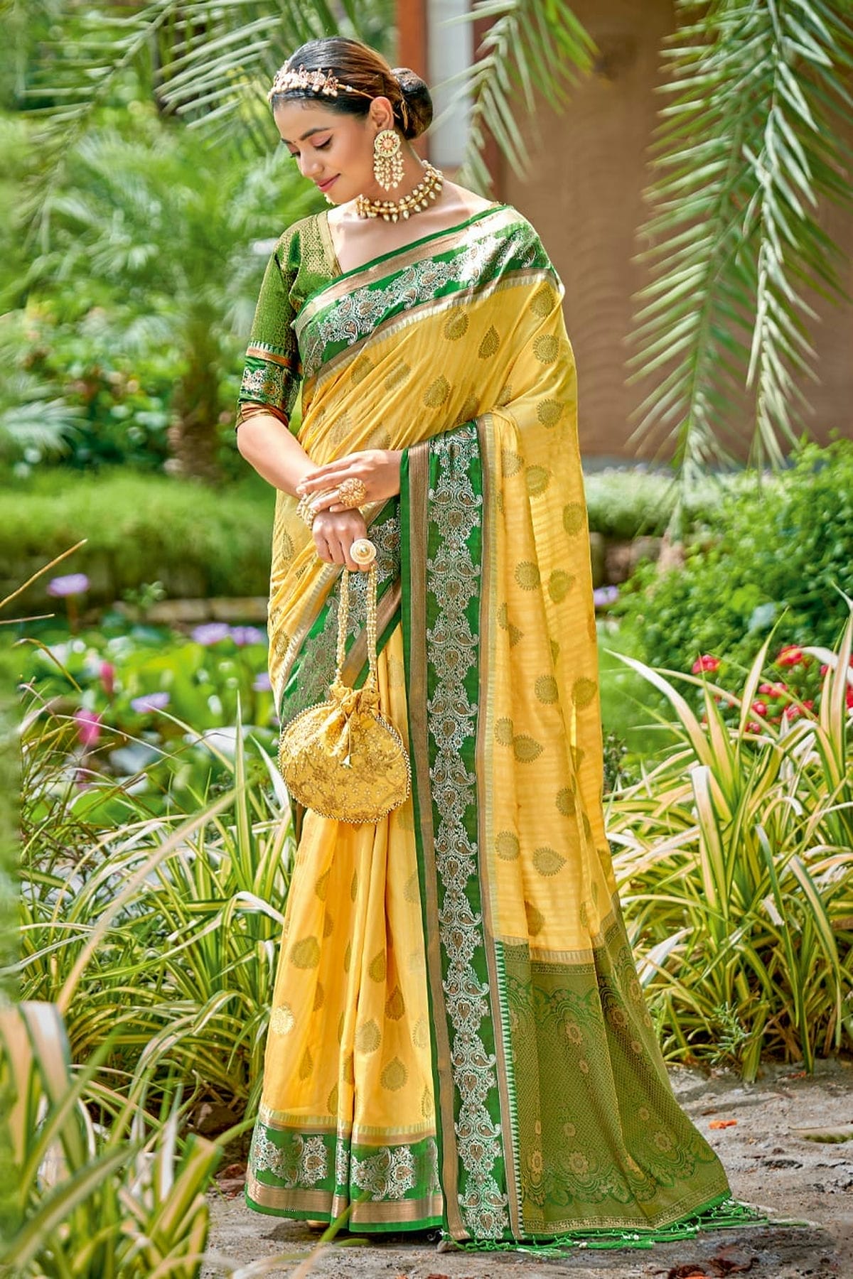 Yellow Colour Embroidery Work Banarasi Silk Saree