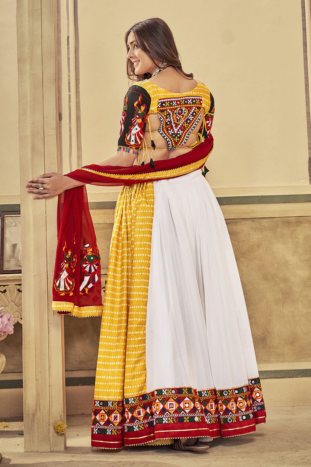 Yellow Colour Embroidery Work Georgette Navratri Lehenga