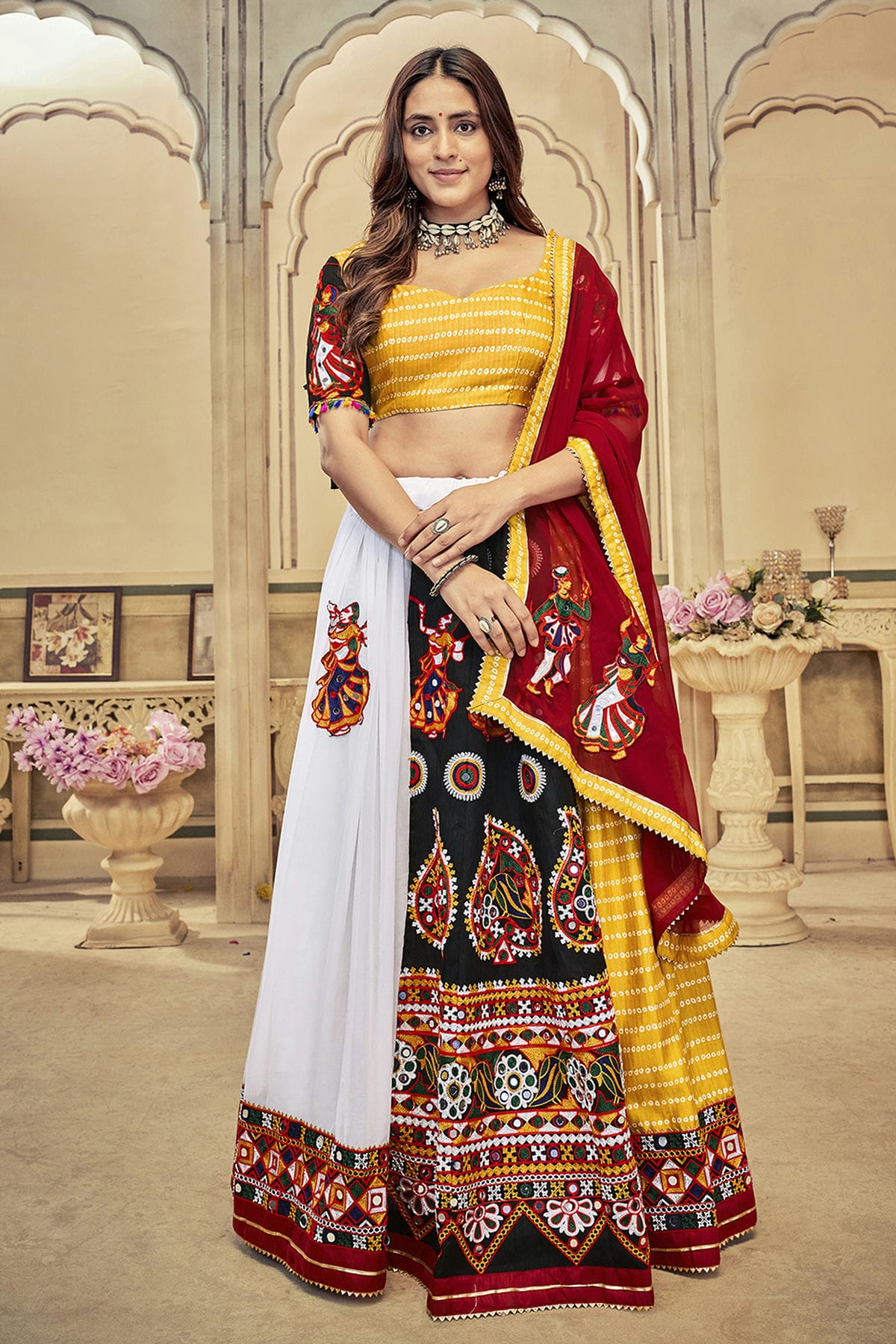 Yellow Colour Embroidery Work Georgette Navratri Lehenga