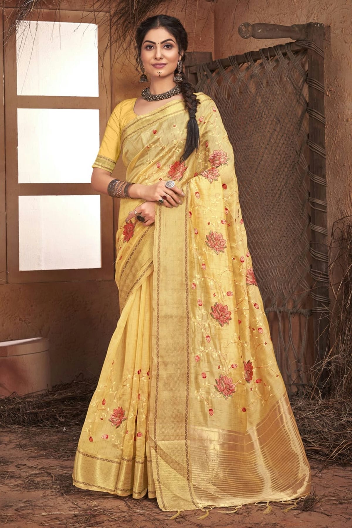 Yellow Colour Embroidery Work Organza Saree