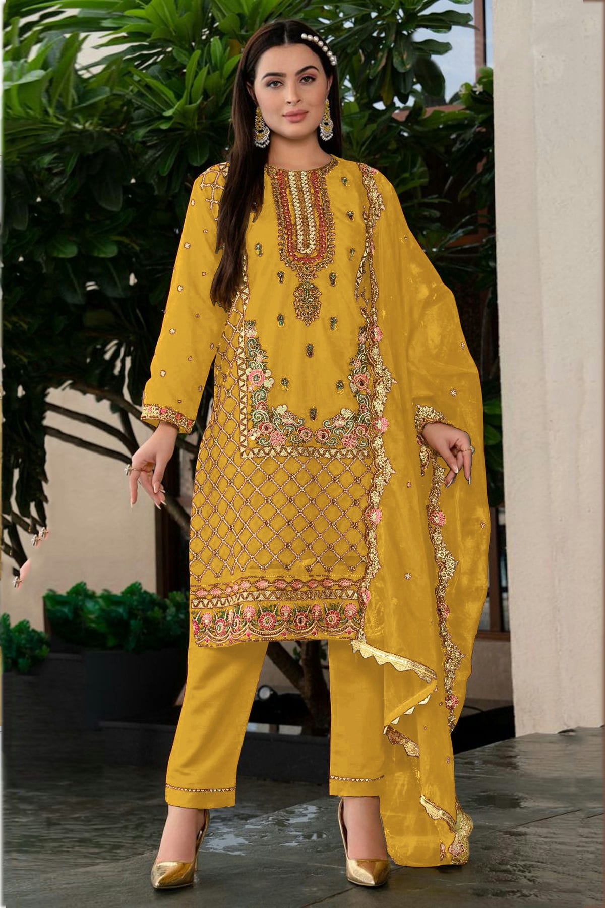 Yellow Colour Faux Georgette Pant Style Suit