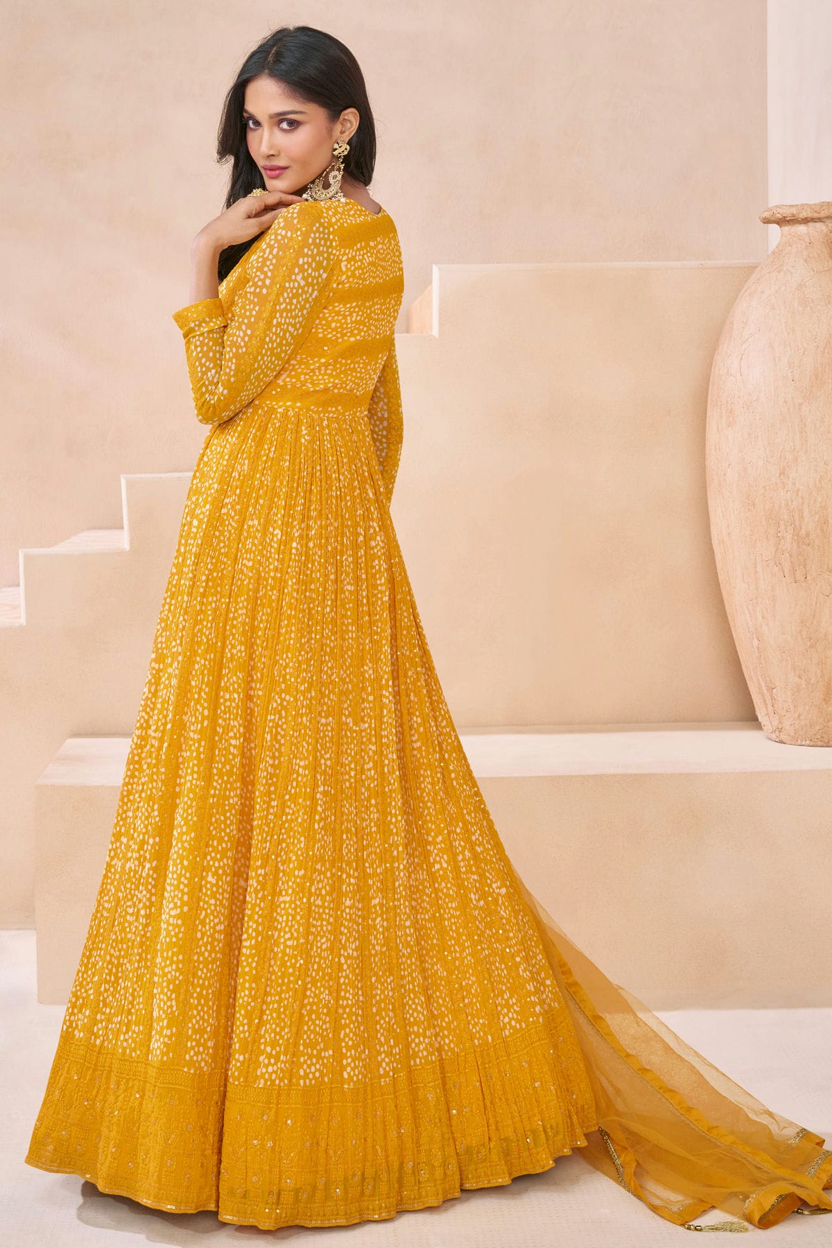 Yellow Colour Faux Georgette Semi Stitched Anarkali Suit