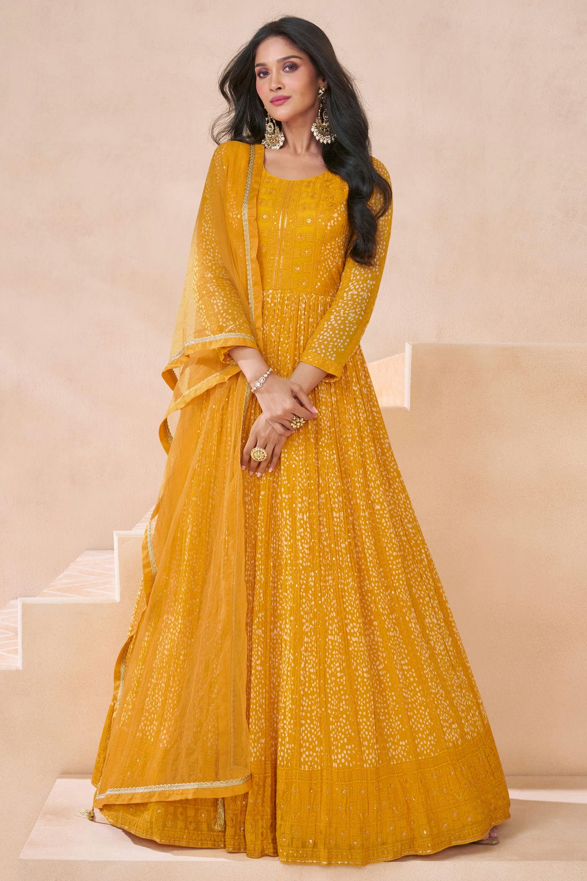 Yellow Colour Faux Georgette Semi Stitched Anarkali Suit