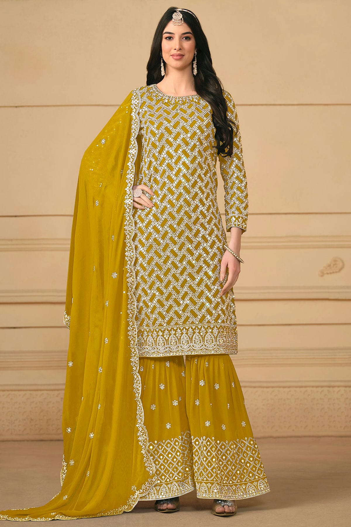 Yellow Colour Faux Georgette Sharara Suit