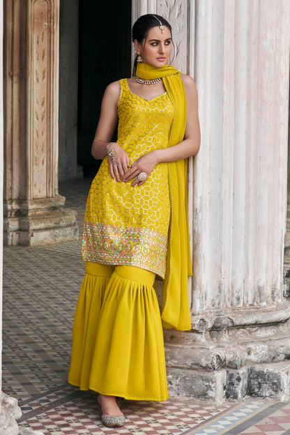 Yellow Colour Faux Georgette Sharara Suit