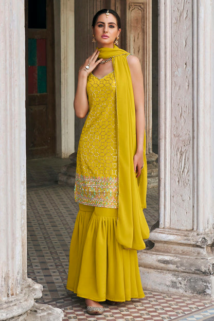 Yellow Colour Faux Georgette Sharara Suit