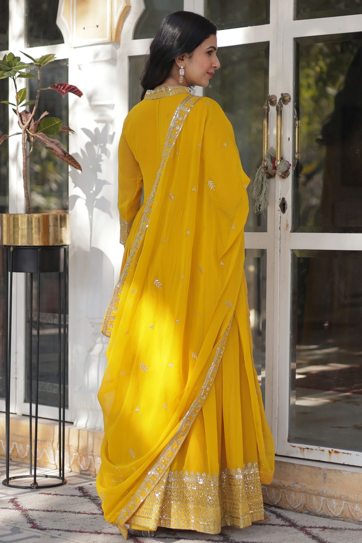 Yellow Colour Faux Georgette Stitched Gown VSGW1112330