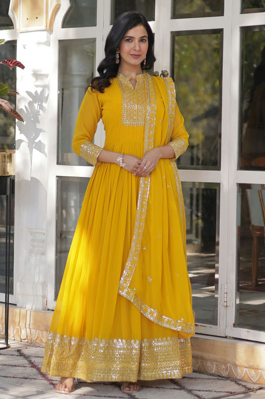 Yellow Colour Faux Georgette Stitched Gown VSGW1112330