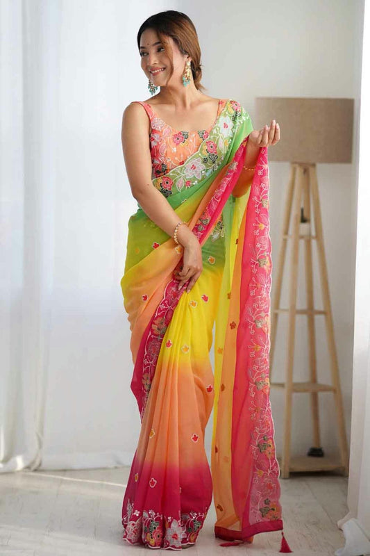 Yellow Colour Georgette Designer Saree