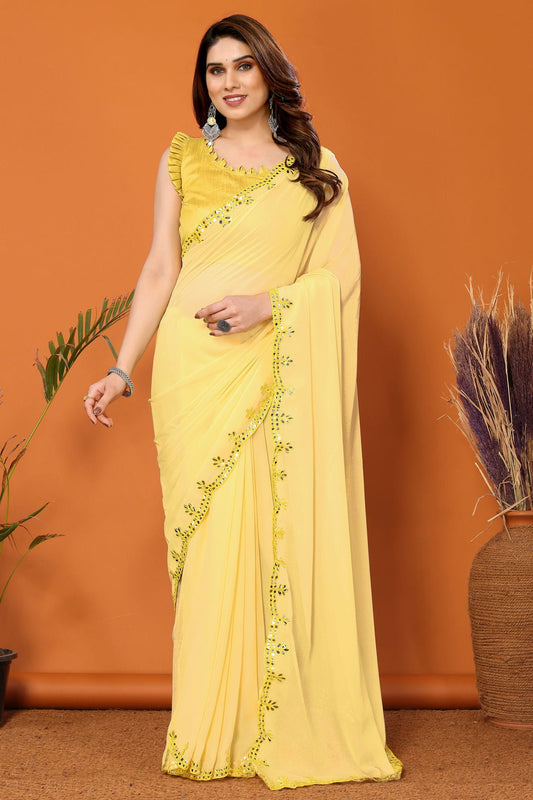 Yellow Colour Georgette Mirror Work Saree