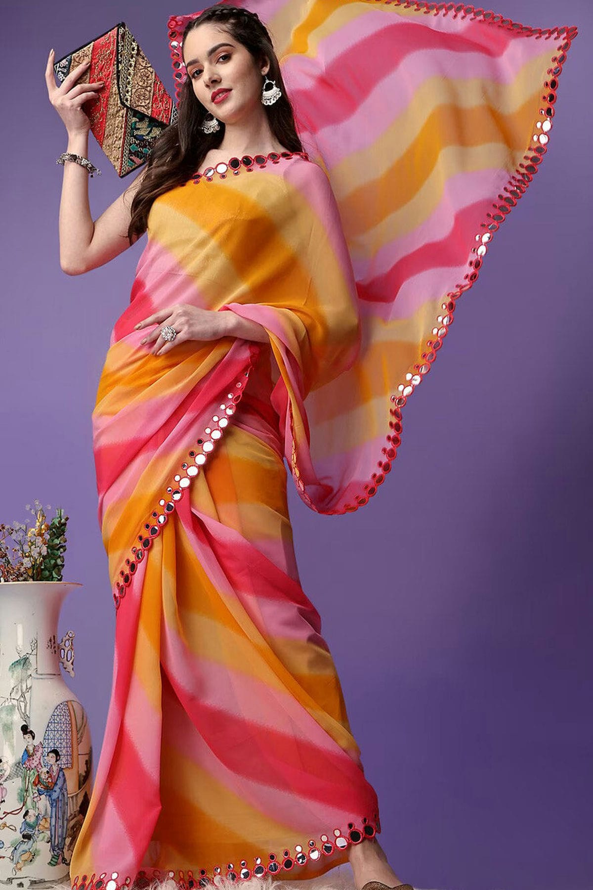 Yellow Colour Georgette Mirror Work Saree