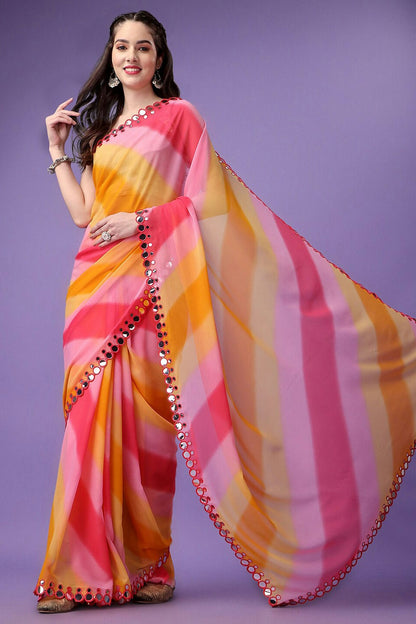 Yellow Colour Georgette Mirror Work Saree