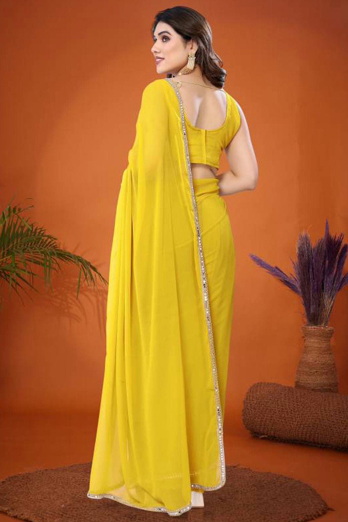 Yellow Colour Georgette Mirror Work Saree VSSD1180225