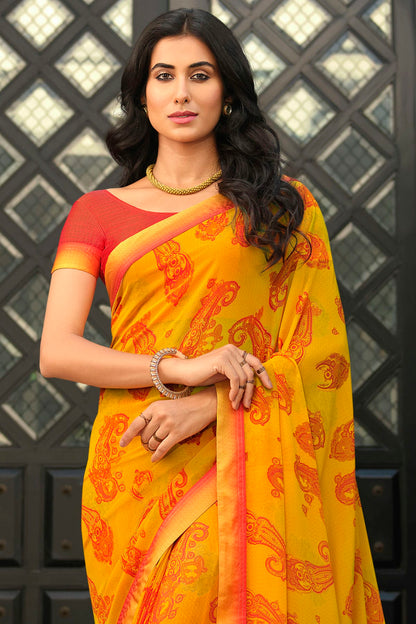 Yellow Colour Georgette Printed Saree