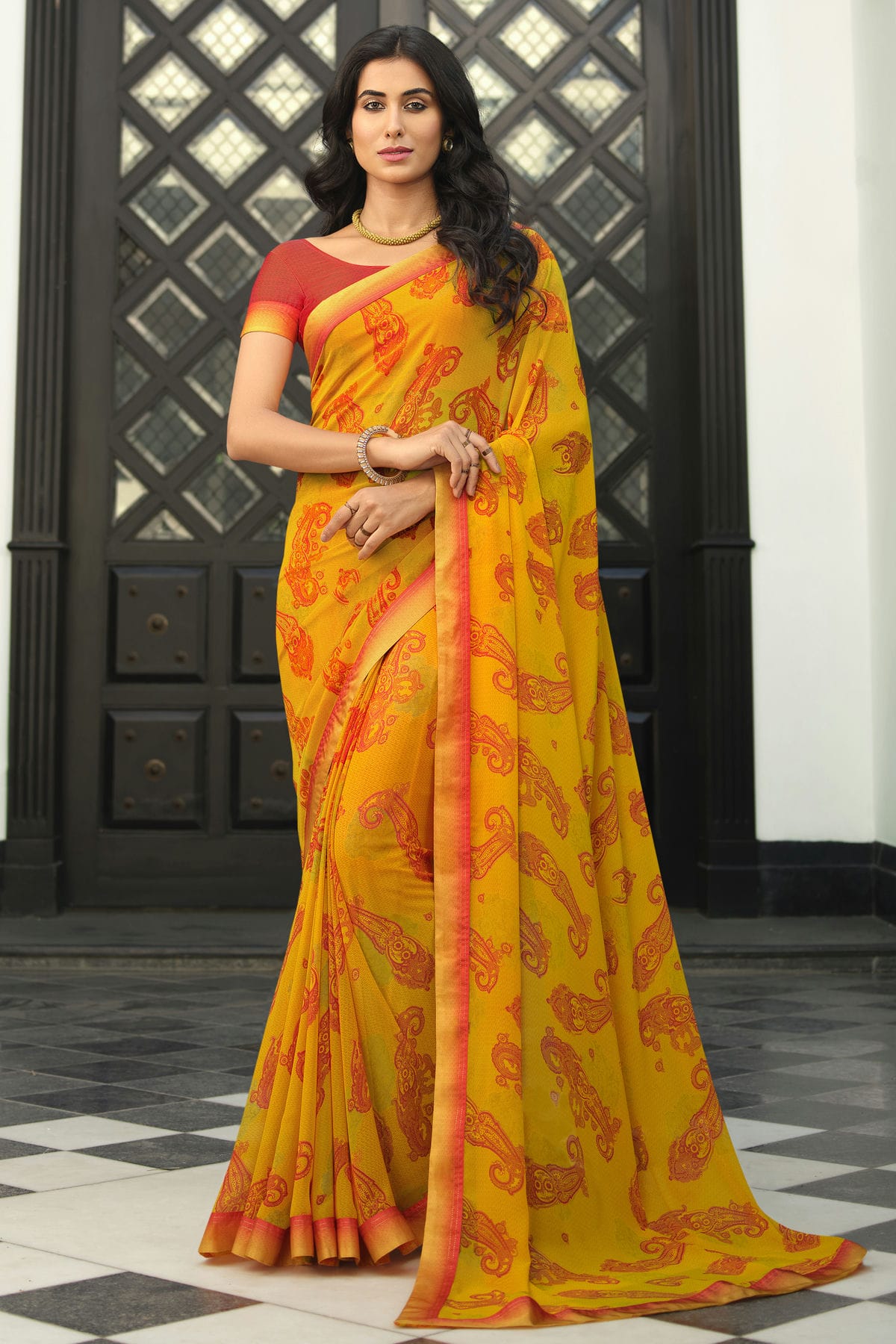 Yellow Colour Georgette Printed Saree