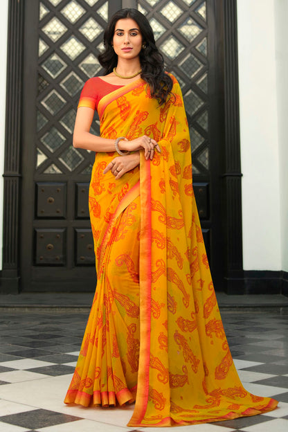 Yellow Colour Georgette Printed Saree