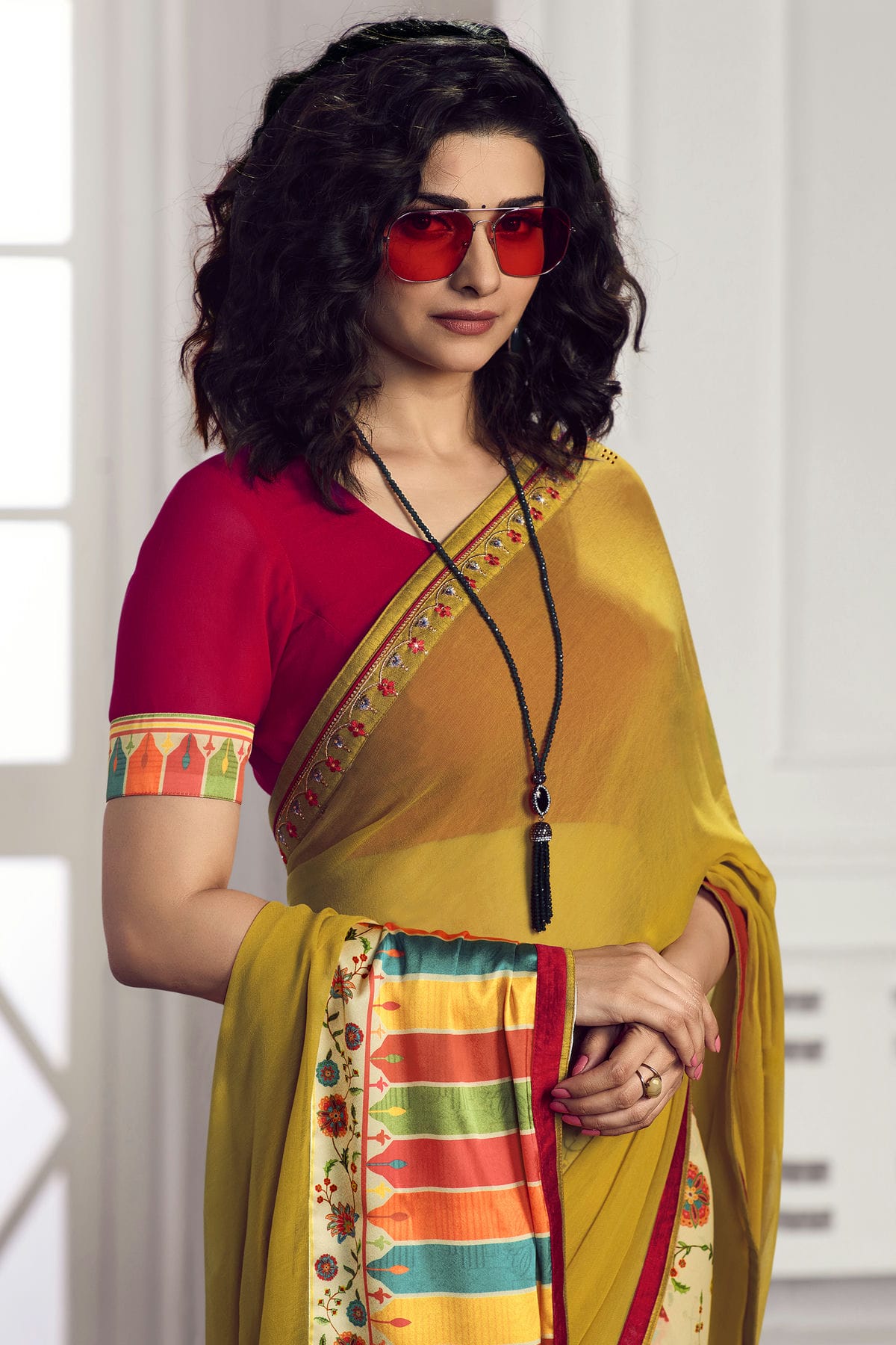 Yellow Colour Georgette Printed Saree