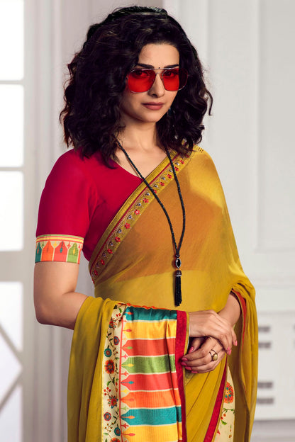 Yellow Colour Georgette Printed Saree