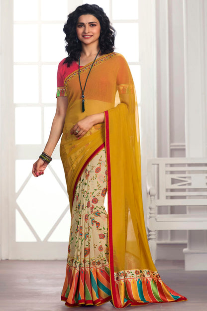 Yellow Colour Georgette Printed Saree