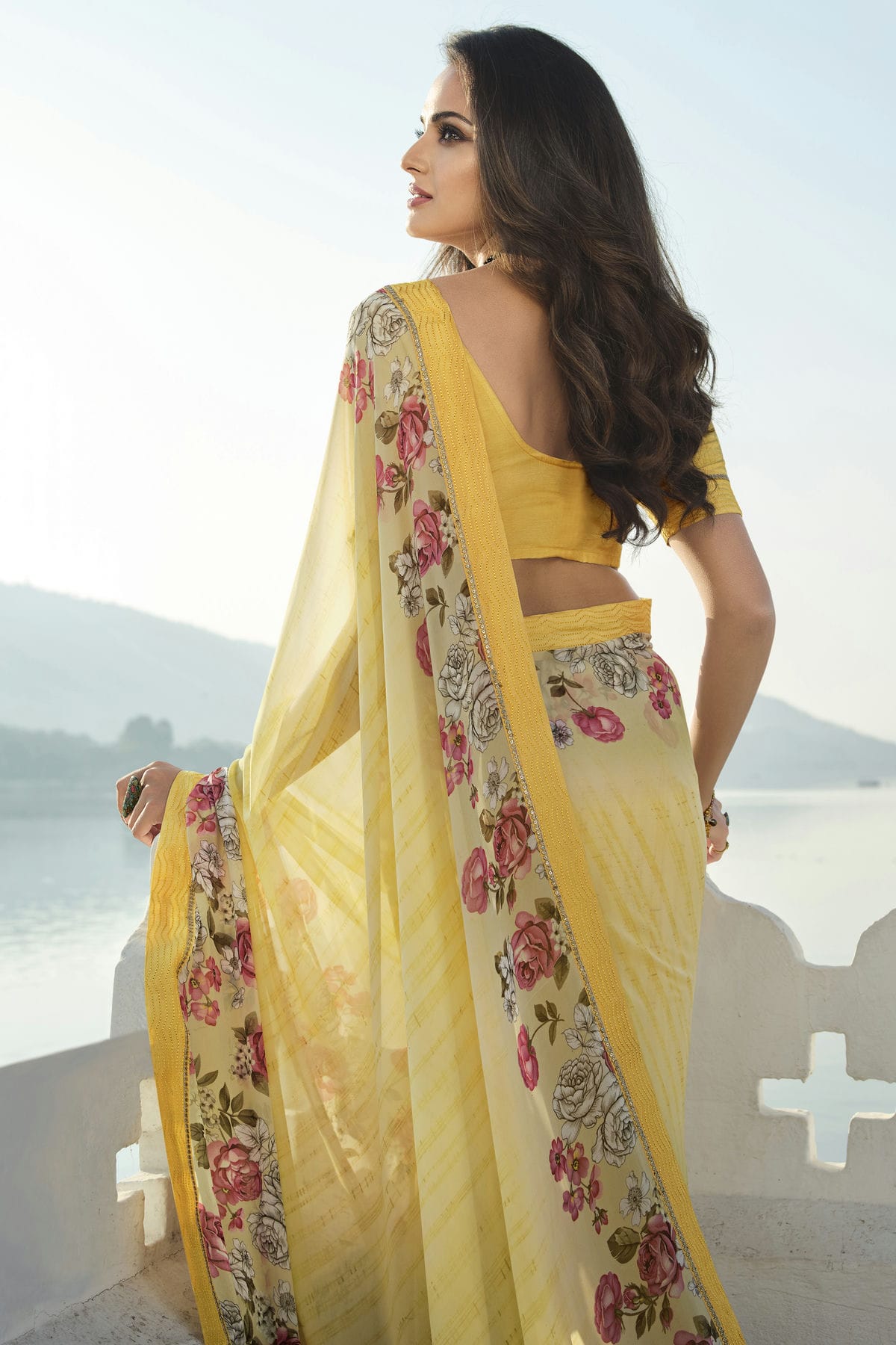 Yellow Colour Georgette Printed Saree