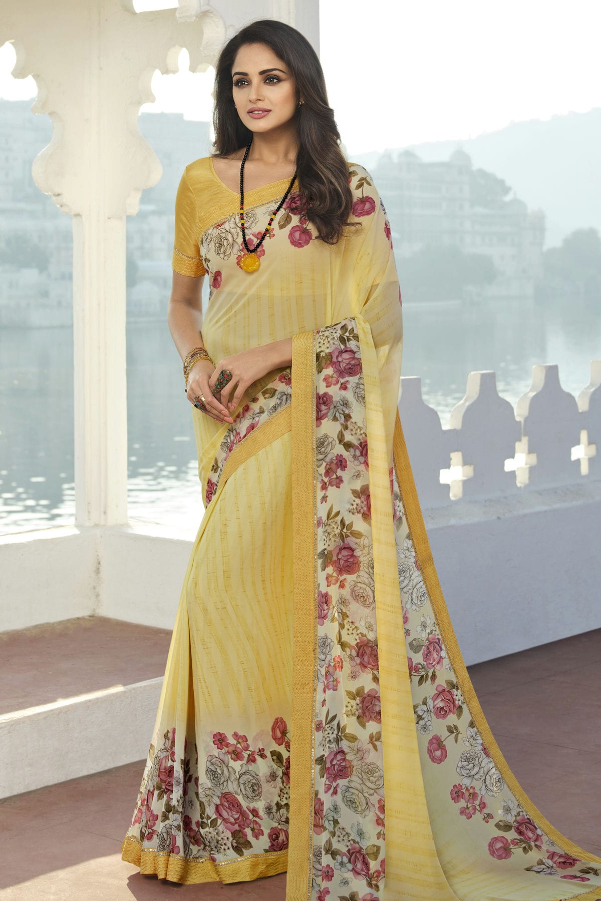 Yellow Colour Georgette Printed Saree