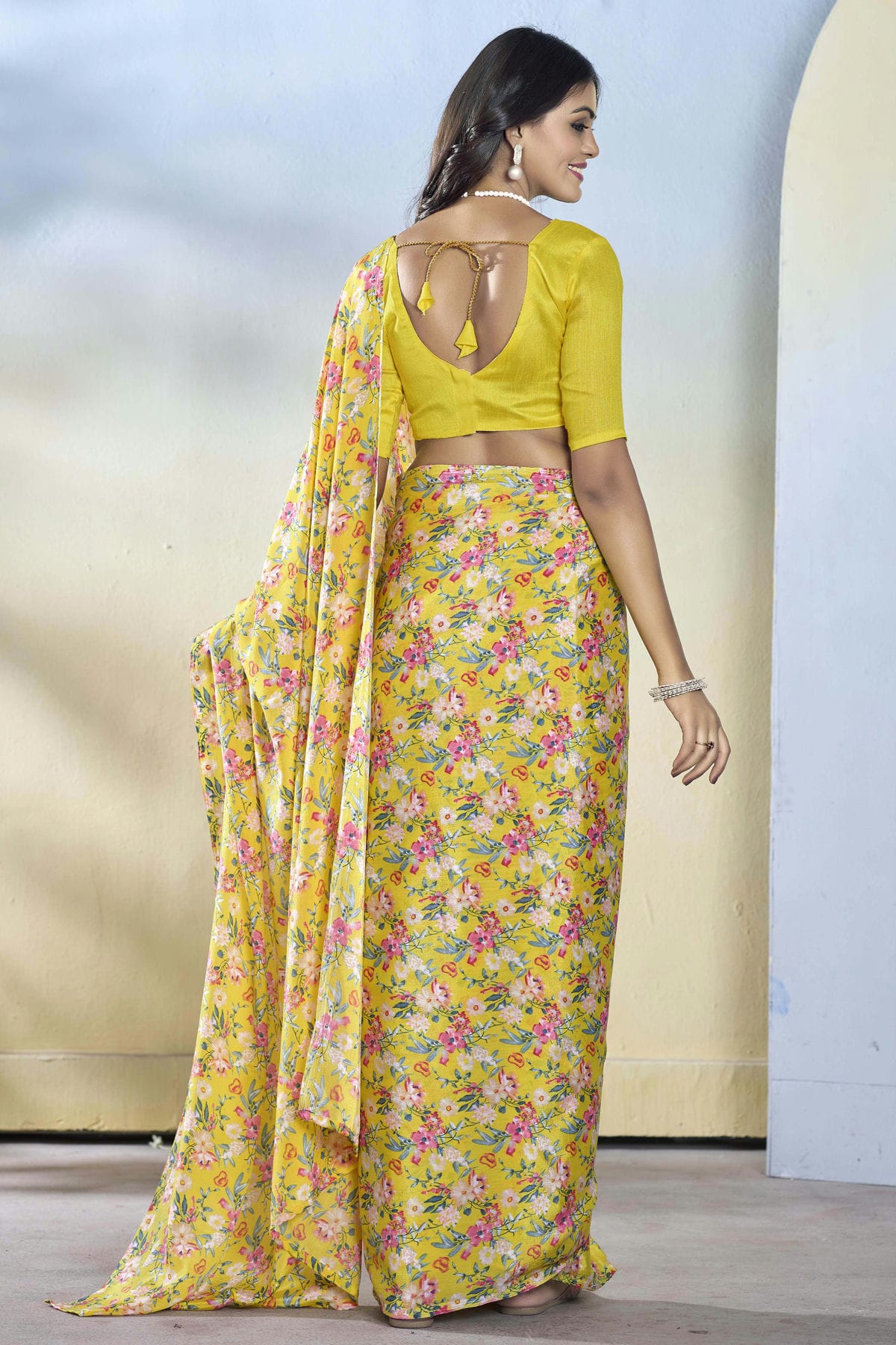 Yellow Colour Georgette Ready To Wear Saree