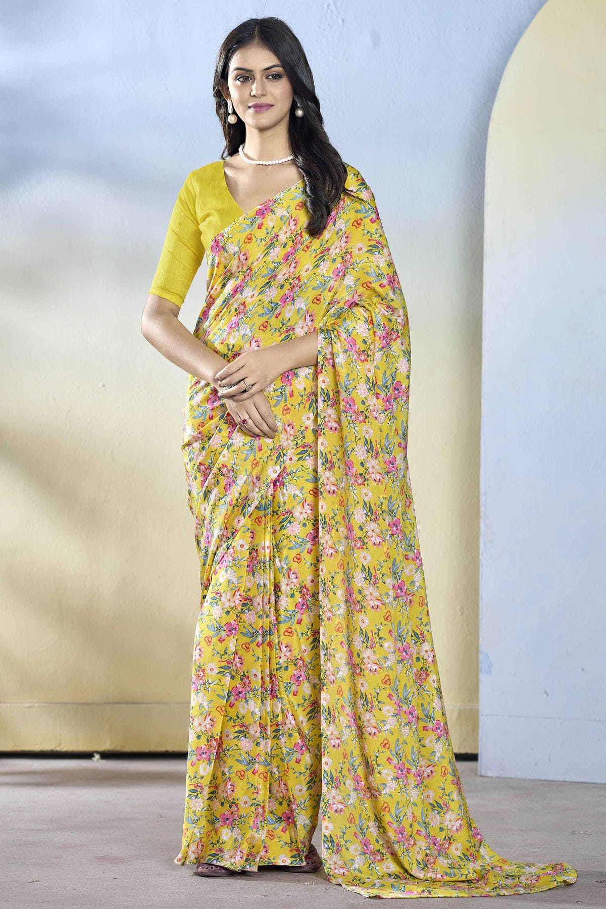 Yellow Colour Georgette Ready To Wear Saree