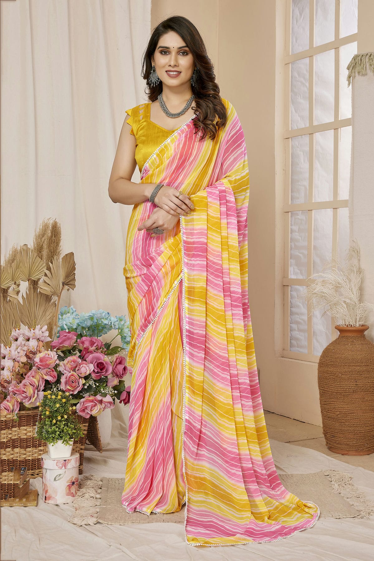 Yellow Colour Georgette Ready To Wear Saree