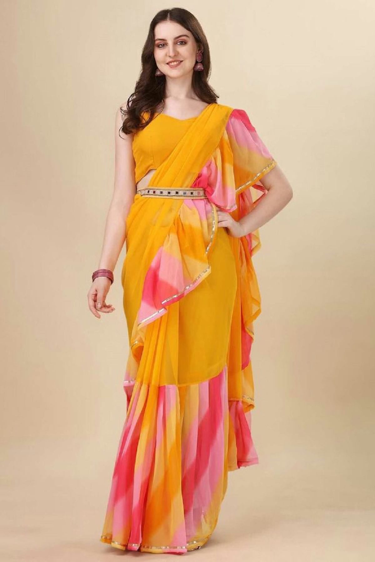 Yellow Colour Georgette Ruffle Saree