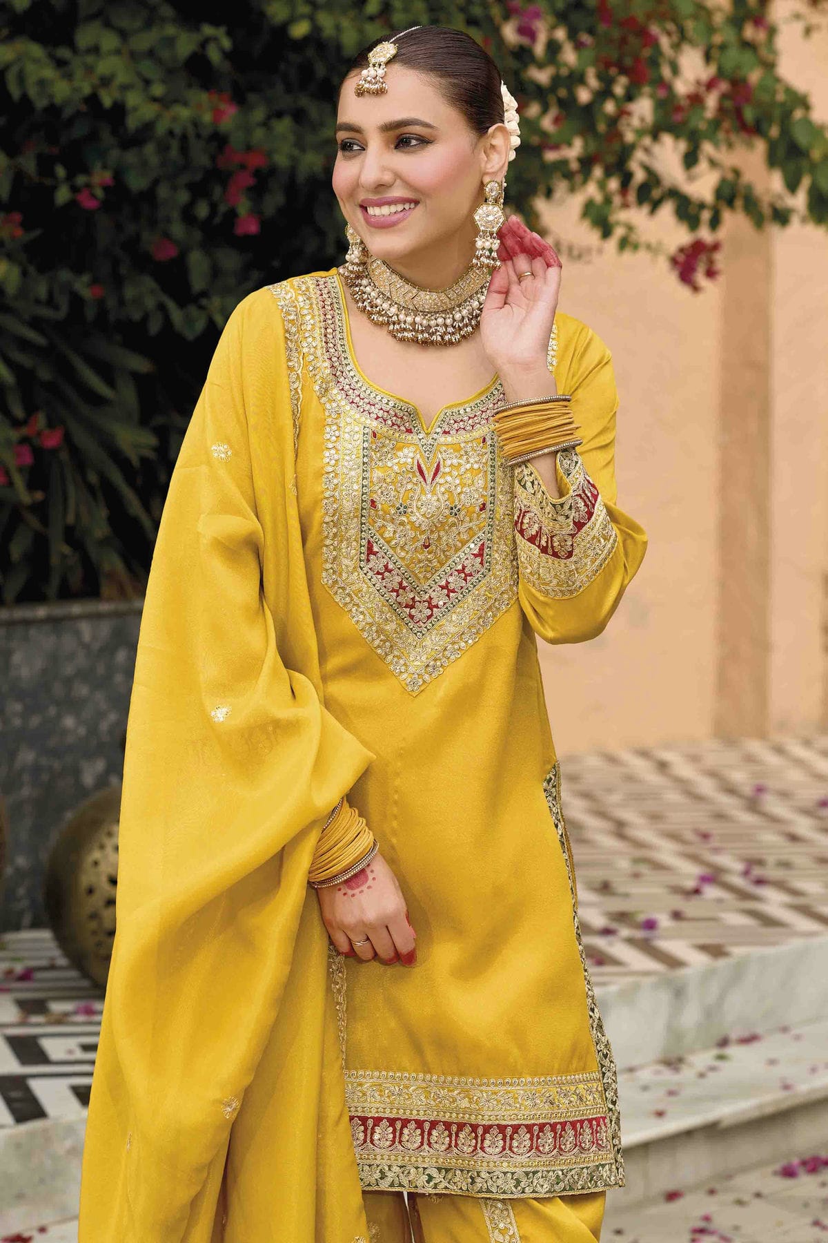 Yellow Colour Georgette Stitched Patiala Suit VSSS1140763