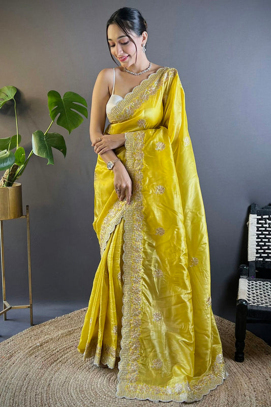 Yellow Colour Gold Crunchy Designer Saree