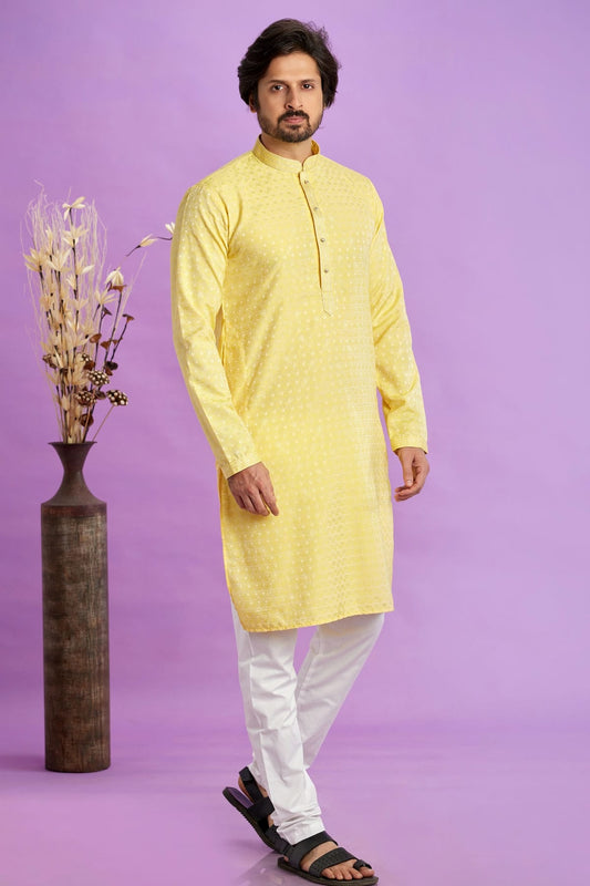 Yellow Colour Jacquard Art Silk Pintex Work Kurta Pajama