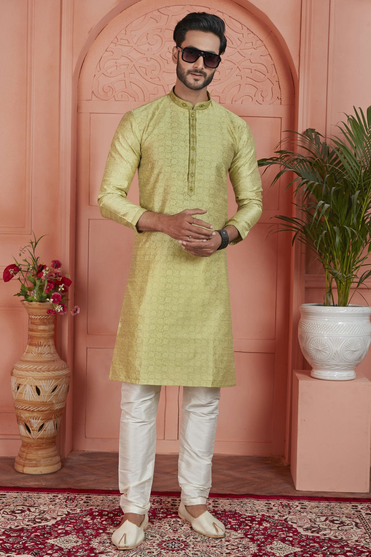 Yellow Colour Jacquard Silk Brocade Kurta Pajama VSKP1230229