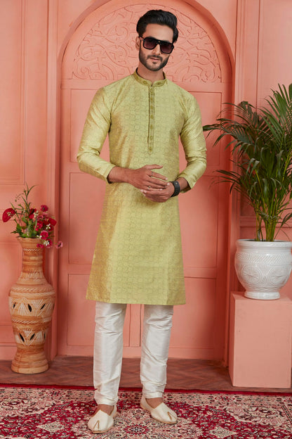 Yellow Colour Jacquard Silk Brocade Kurta Pajama VSKP1230229