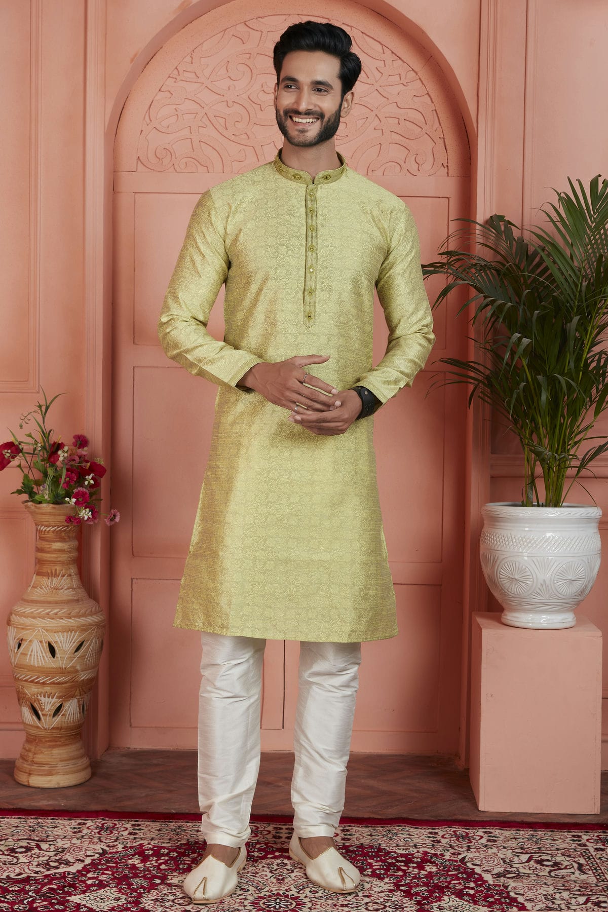 Yellow Colour Jacquard Silk Brocade Kurta Pajama