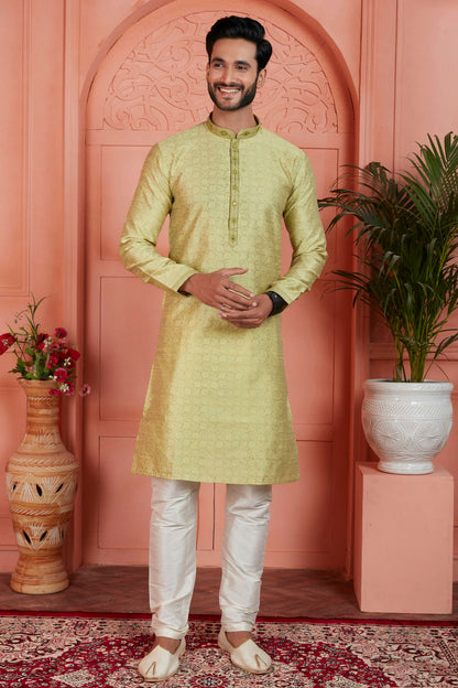 Yellow Colour Jacquard Silk Brocade Kurta Pajama