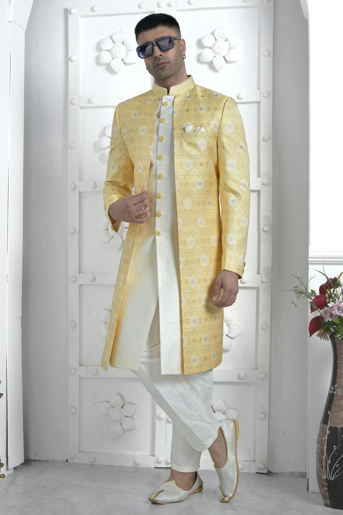 Yellow Colour Jacquard Silk Indowestern Sherwani With Aligadhi Pant VSSH1230032