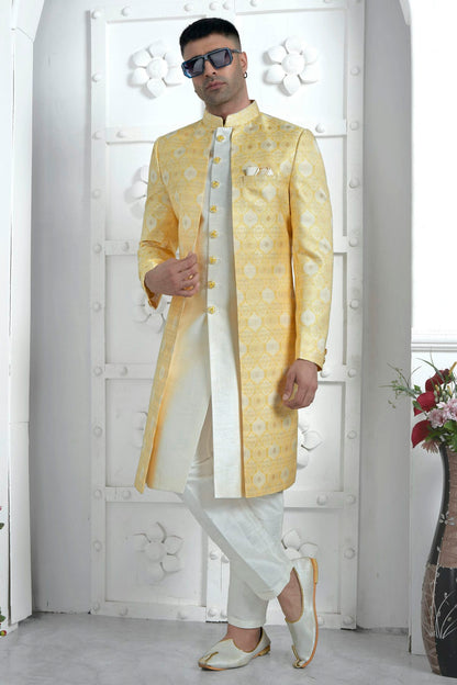 Yellow Colour Jacquard Silk Indowestern Sherwani With Aligadhi Pant VSSH1230032