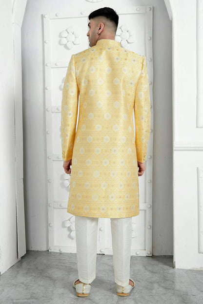 Yellow Colour Jacquard Silk Indowestern Sherwani With Aligadhi Pant VSSH1230032