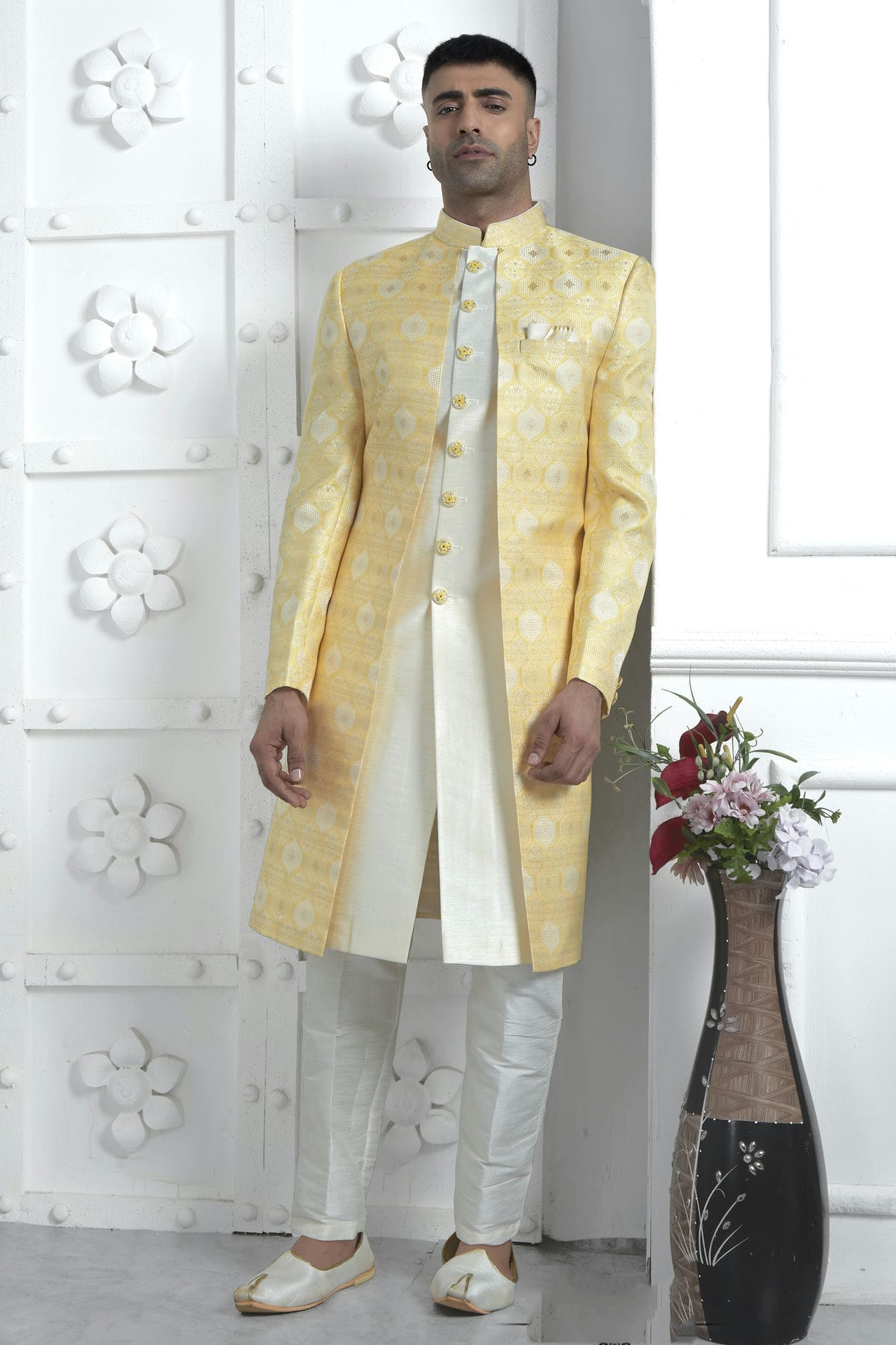 Yellow Colour Jacquard Silk Indowestern Sherwani With Aligadhi Pant