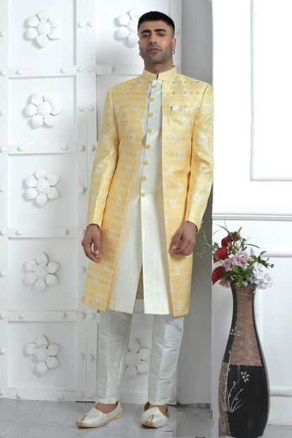 Yellow Colour Jacquard Silk Indowestern Sherwani With Aligadhi Pant