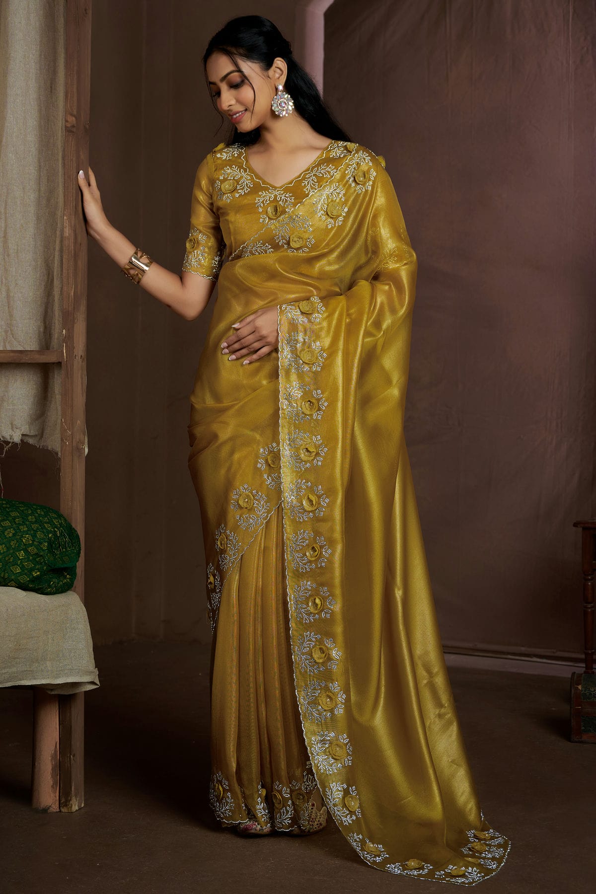 Yellow Colour Jute Coting Silk Designer Saree